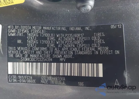 2012 Toyota Sienna Le V6 8 Passenger z USA, uszkodzony, nr VIN 5TDKK3DC7CS254394